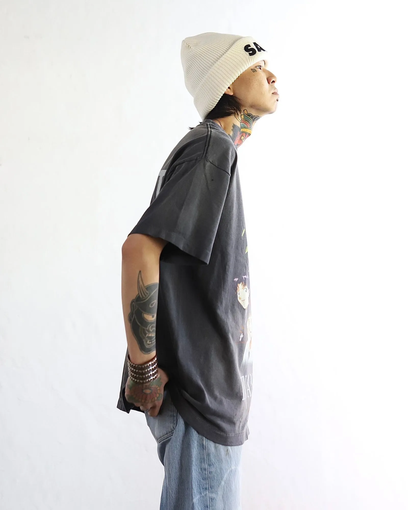 SAINT Mxxxxxx × EVANGELION NEON GNSIS TEE/BLK co-branded Neon Genesis Evangelion distressed short-sleeves, washed black S-XL, vintage NEW VINTAGE, top printing technology, garment dyeing, re-washed, distressed, correct co-branded main mark/washing mark